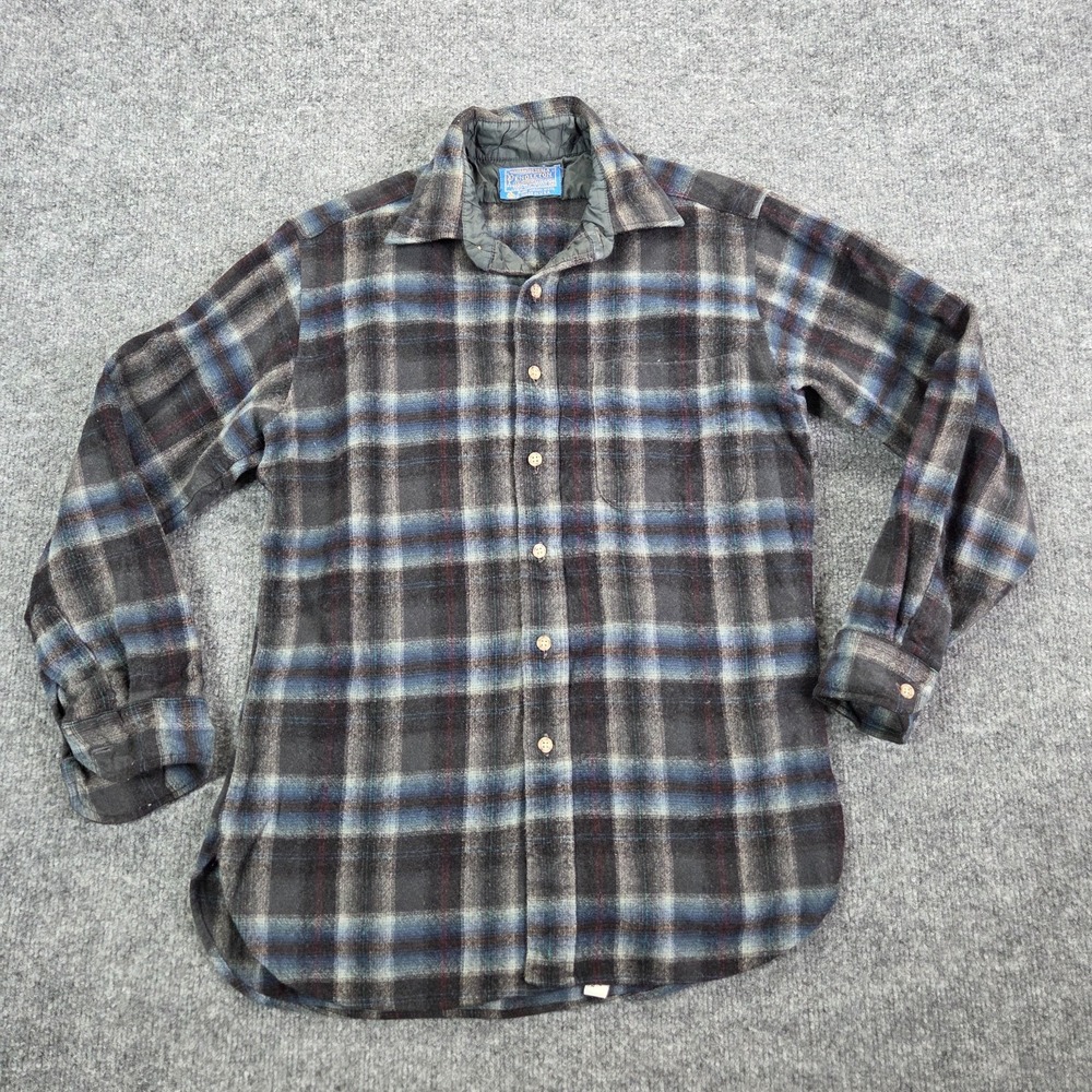 Pendleton Wool Flannel Shirt Jacket Shacket Men Medium Blue Plaid USA VTG 80s